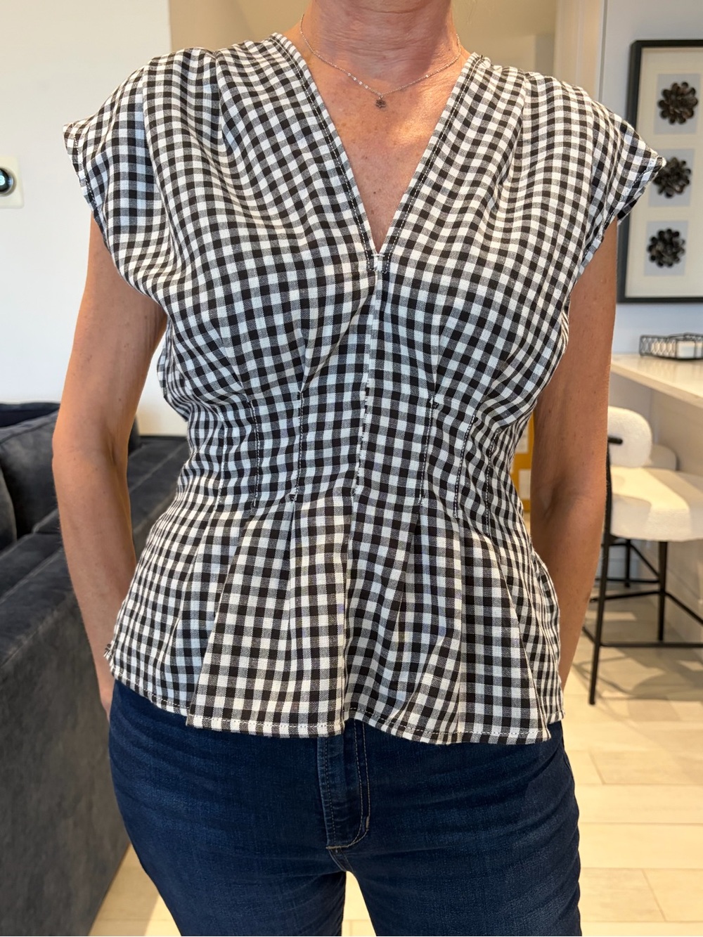 Max Studio Black and White Gingham V-Neck Cap Sleeve Top